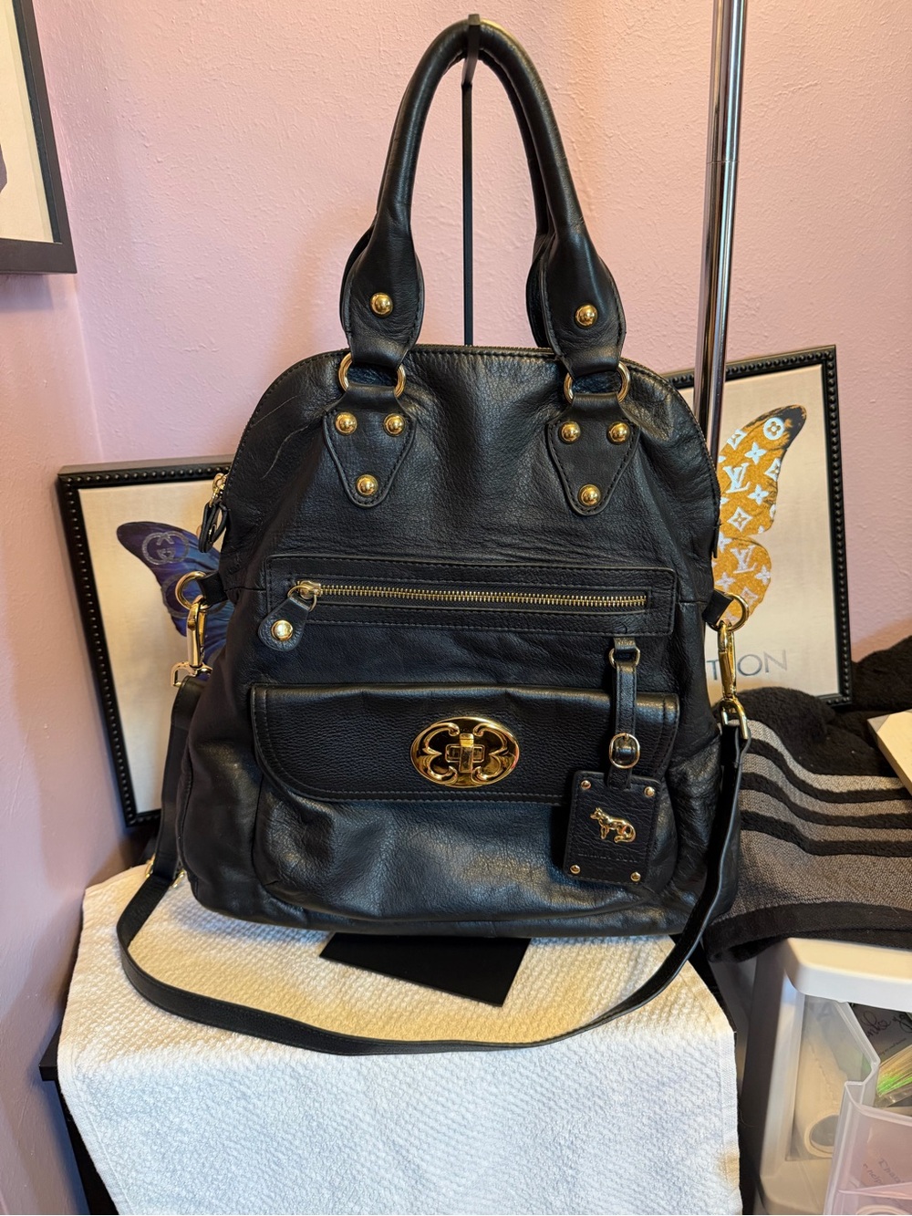 Emma Fox Black Leather Satchel Bag with Gold Hardware